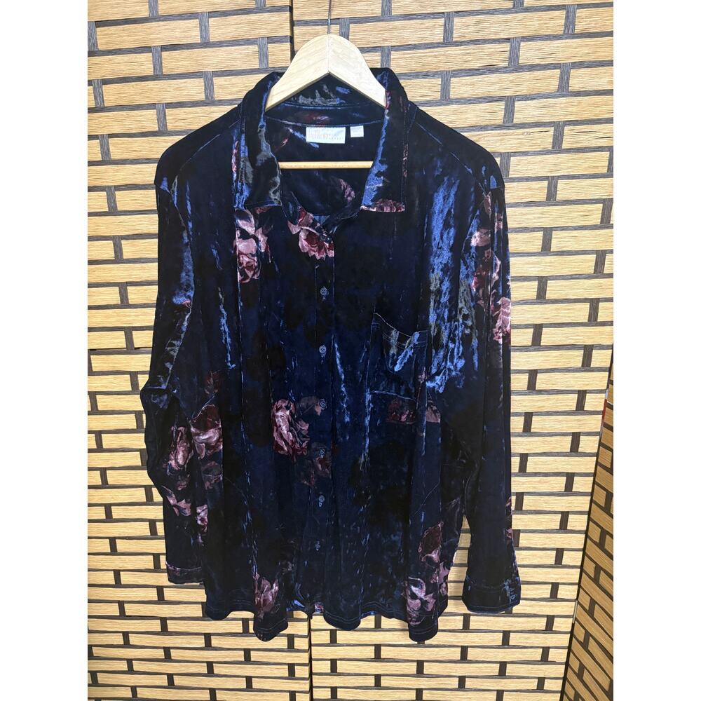 Belle Kim Gravel Blue Floral Crushed Velvet Button Down Shirt Size‎ 2X